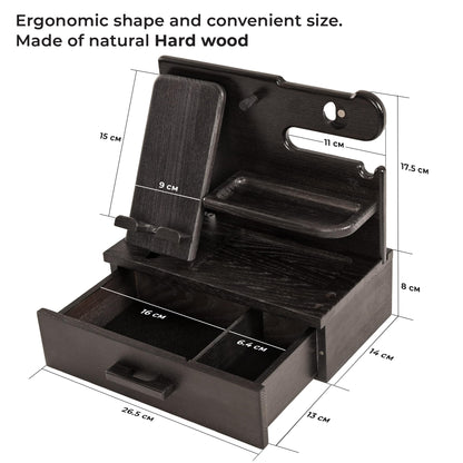 TESLYAR Wood Phone Docking Station with Drawer - Nightstand Organizer - Desk Organizer for Husband - Birthday Gifts for Men, Dad, Anniversary Idea, Key Holder Stand Watch & Accessories (Granite Black)