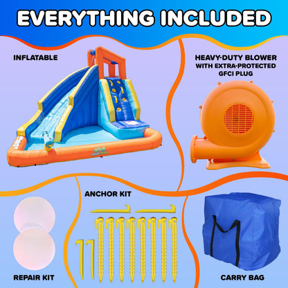 Sportspower Big Wave II Large Outdoor Inflatable Water Slide with Climbing Wall & Splash Pool, Heavy Duty, ASTM Certified, on 400W Blower