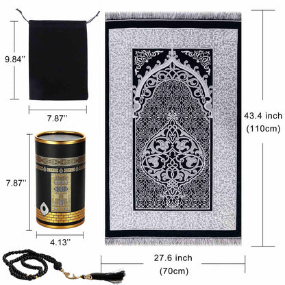 Muslim Prayer Rug and Prayer Beads with Gift Box, Soft Islamic Prayer Mat, Islamic Gifts Set, Prayer Carpet Mat, Sajadah/Janamaaz/Seccade (Black)