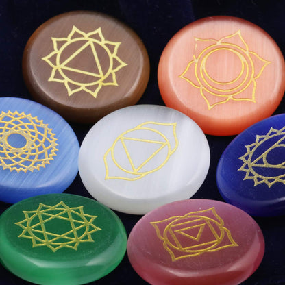 Zotoone 7 Chakra Healing Stone Set, Engraved Round Flat Pocket Stones Reiki Cat's Eye Stones Set of 7 Gift Christmas Birthday Gift