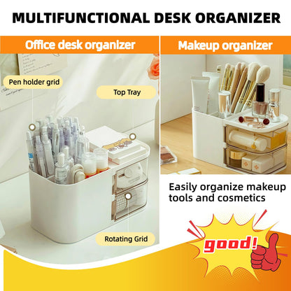 SHUTKMVCW Desk Organizer with 3 Compartments and 2 Drawers, Multi-Functional Pencil Holder for Desk Organizers and Accessories for School, Home, Office Supplies, ‎6.89" x3.54" x 3.62''