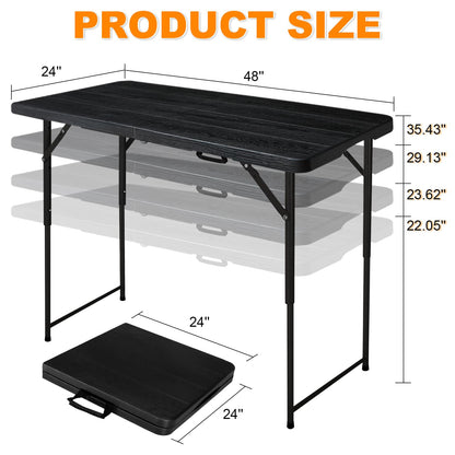 FROASISPRO 4ft Folding Table, Portable Fold-in-Half Adjustable Height Utility Table for Indoor/Outdoor Use, Durable HDPE & Steel, Stable & Lightweight, Multi-Purpose, Black Woodgrain