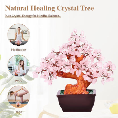 AzureLeap Feng Shui Natural Rose Pink Quartz Crystal Money Tree Bonsai Style Decoration for Wealth and Luck (Pink)