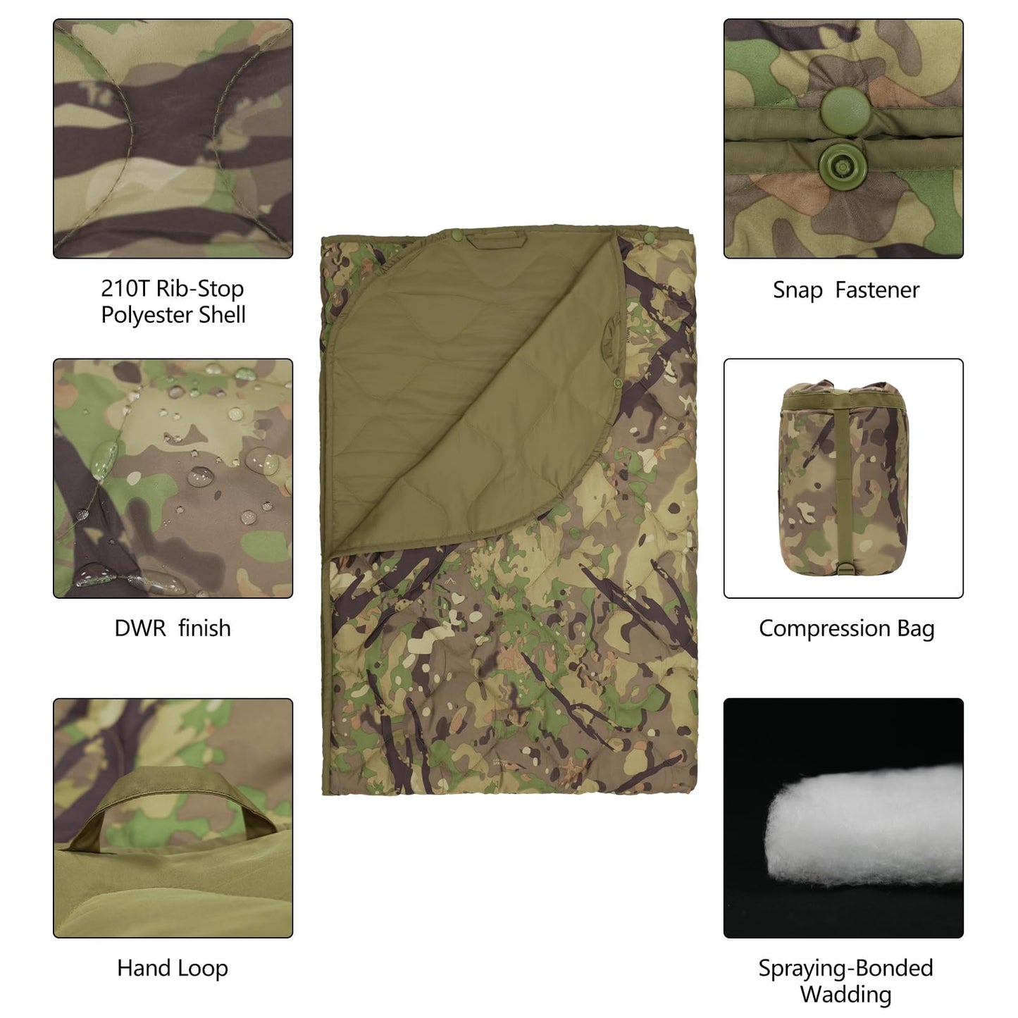 Tongcamo Poncho Liner Military Outdoor Camping Blanket for Travel, Beach, Grass, Picnic, Car Emergency, Outdoor, Survival