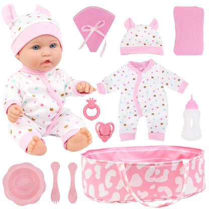 ZITA ELEMENT 12 Inch Baby Doll with Accessories for Baby Doll Reborn Includes Carrier Bassinet Bed, Pacifier, Blanket, Pillow, Feeding Set, New Born Doll Playset for Toddlers 3 Ages and Up