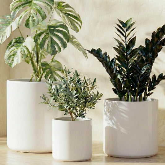 LE TAUCI Ceramic Pots for Plants, 10/8/6 Inch Indoor Planters with Draiange Hole, Silicone Plug & Mesh Pad, Modern Minimalist Pots for Home Office, Set of 3, Satin, White
