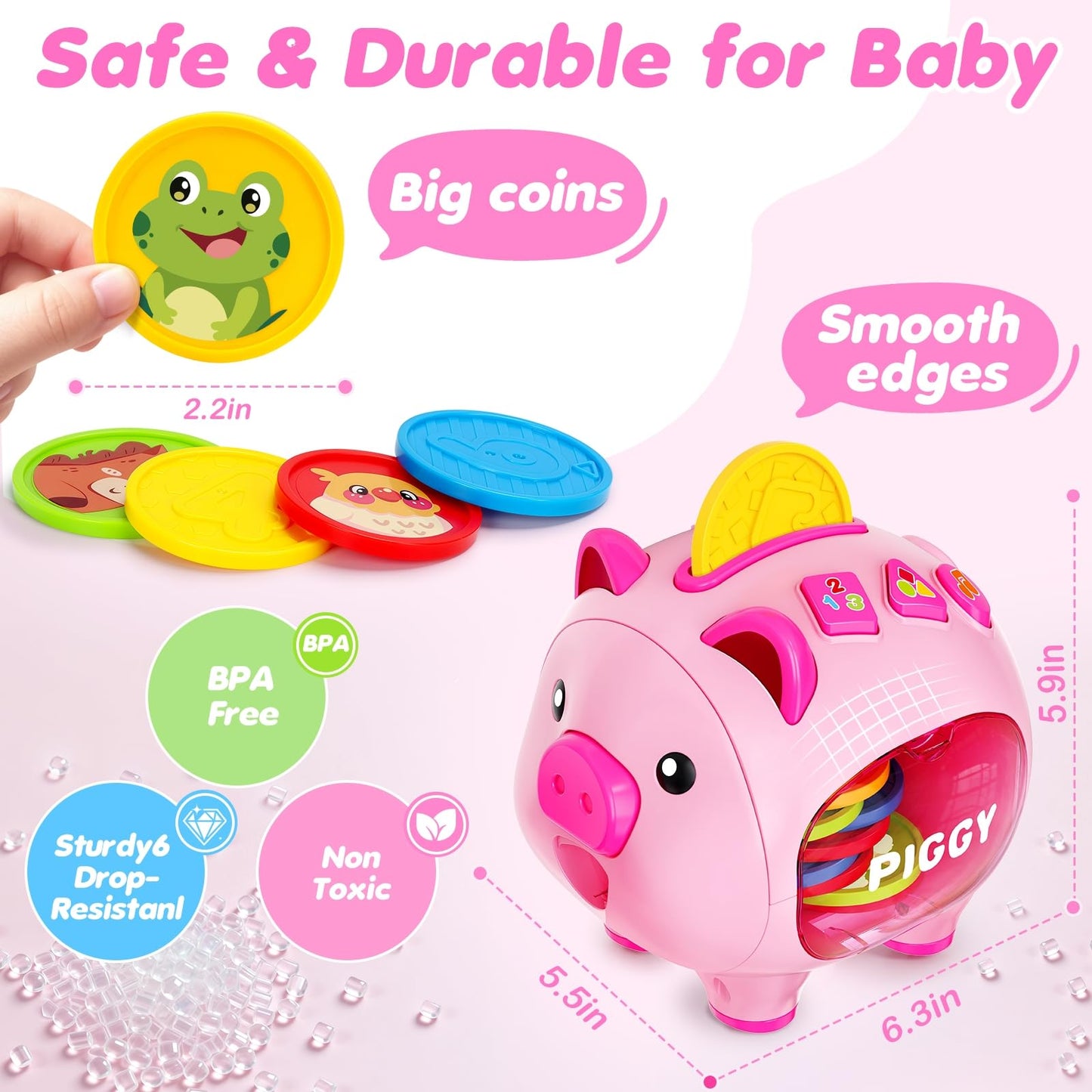 Musical Piggy Toys for 1 Year Old Girl Gift, Piggy Bank with Educational Number, Color, Animal Coin for Baby Interactive Toy 6-12-18 Month, Christmas 1st Birthday for 7 8 9 10 Month Old Girl Boy