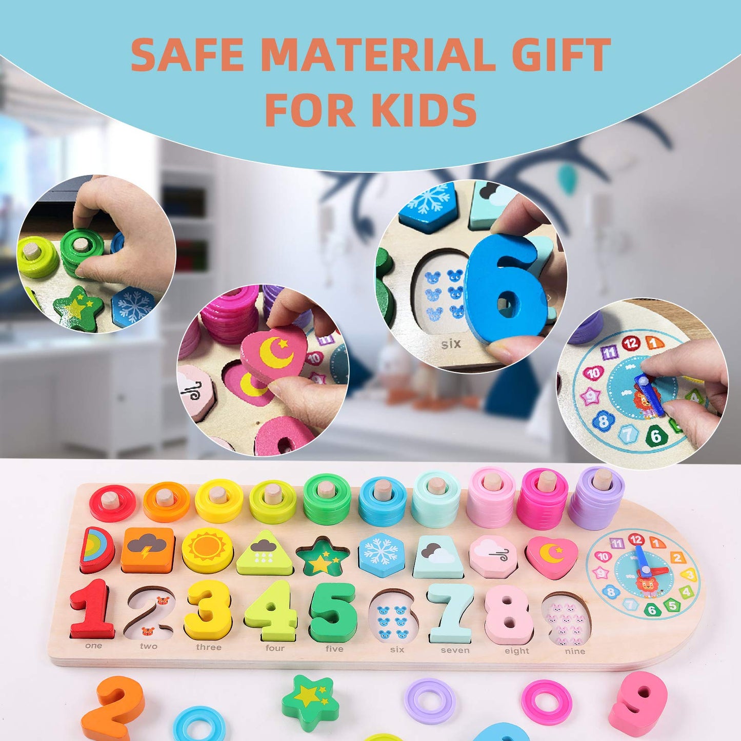 QZMTOY Preschool Educational Learning Montessori Toys for Kids, Toddler Puzzles Number Shape Sorter Counting Stacker with Clock Weather, Boys Girls Activities Math Game Gift for Age 3 4 5 Years