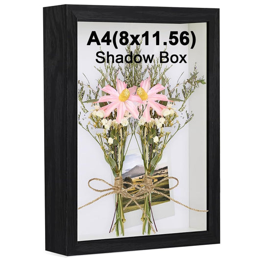 Black A4 Shadow Box Frame, 1.2 Inch Deep MDF Wood Shadow Box with Acrylic (Not Glass), Wall Mount & Tabletop Display Case for Dried Flowers, Medals, Memorial Keepsakes, Crafts