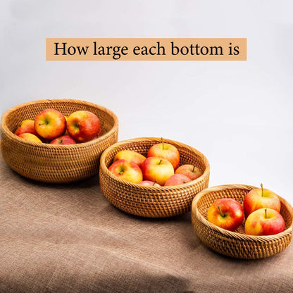 CLAYNIX Woven Fruit Basket For Holder Bowl Decorative Bread Vegetable, Serving Bowl Set of 3 For Organizing Kitchen Natural Rattan Picnic Basket Round Stackable (Natural)