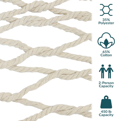 Sunnydaze Cotton Rope Hammock for Outside - 450-Pound Capacity Indoor or Outdoor Hammock with Spreader Bars - Natural