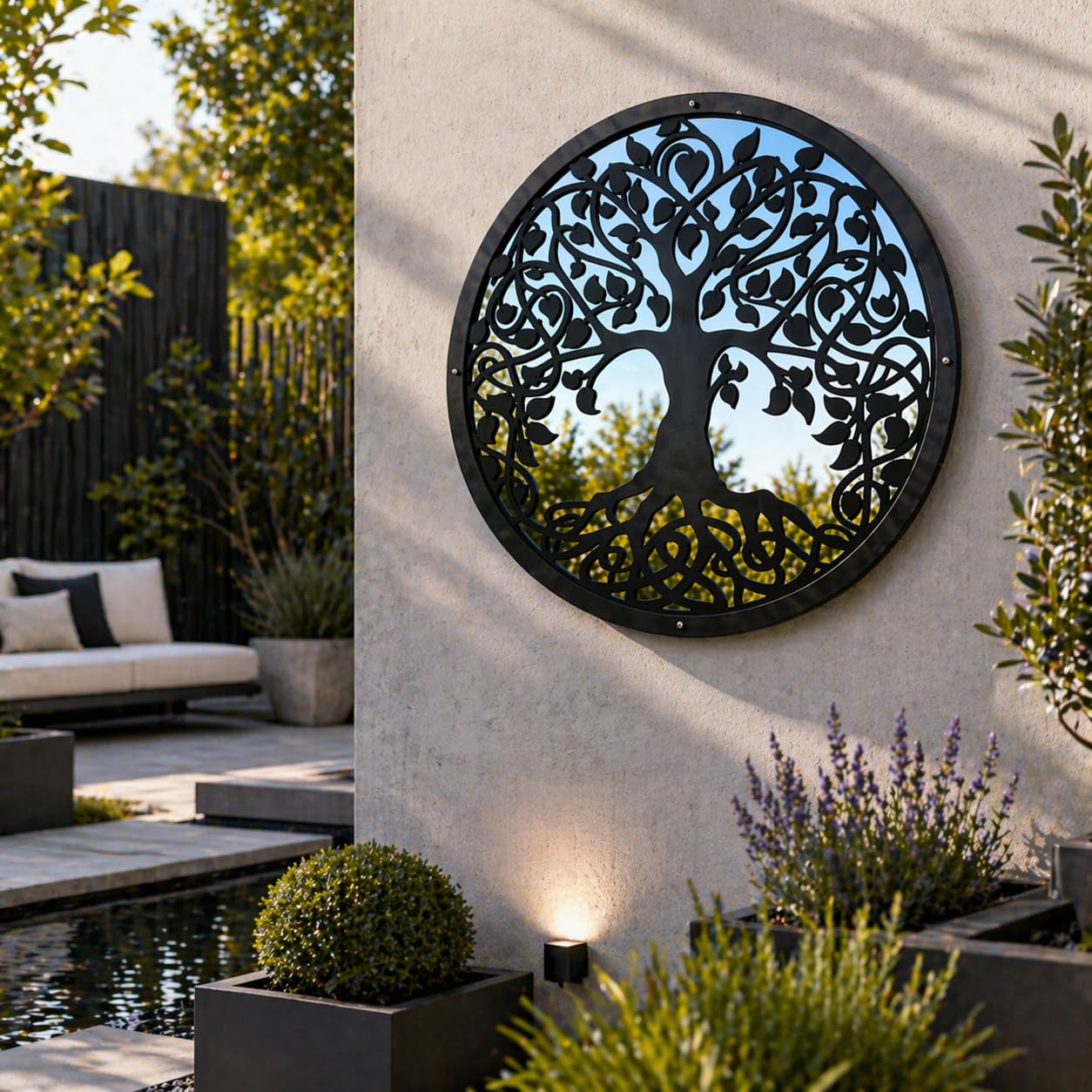 Sun Catcher Garden Decor Tree of Life Garden Mirror Range of Sizes Round Framed Mirror Outside Rust Resistant Acrylic Fixings Included Gift (42cm / 16.5 inch)