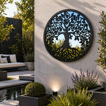 Sun Catcher Garden Decor Tree of Life Garden Mirror Range of Sizes Round Framed Mirror Outside Rust Resistant Acrylic Fixings Included Gift (42cm / 16.5 inch)