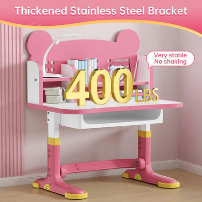 Xaperexi Kids Desk and Chair Set, Height Adjustable Child's School Study Writing Tables, Kids Desk with Bookstand and Storage Drawer, Widened Desktop with Desktop for Boys and Girls (Pink-F)