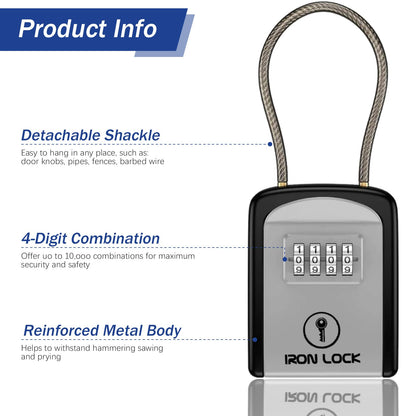 Iron Lock® Key Lock Box Portable with Cable Shackle – Small Waterproof Heavy-Duty Metal Safe with 4-Digit Combination for Spare Keys Outside on Door Knob, Fence, Pipe or Gate (Grey, Small)