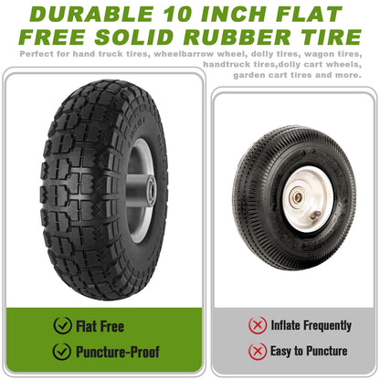 4 Pcs 4.10/3.50-4" Tire and Wheel Flat Free, 10 Inch Solid Rubber Tires with 5/8" Axle Bore Hole, 2.2" Offset Hub for Hand Truck, Wheelbarrow, Gorilla Cart, Garden Wagon Cart, Dolly, Utility Cart