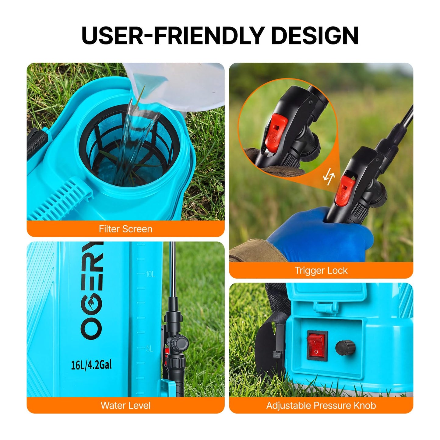 OGERY Battery Powered Backpack Sprayer 4 Gallon, 2.6Ah 21V Battery Electric Sprayer with 6 Nozzles, Telescopic Stainless Steel + Plastic Wand for Lawn Garden Weed Yard Cleaning (Charger Included)