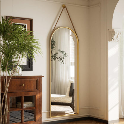 Easly 16''x48'' Arched Full Length Mirror, Hanging Mirror for Wall with Leather Strap, High-Definition Aluminum Alloy Frame for Bathroom Bedroom Entryway Decor, Gold