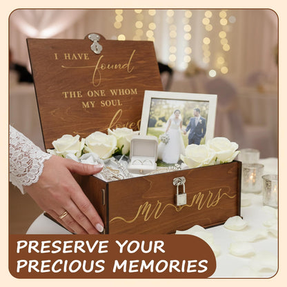 AerWo Mr and Mrs Wedding Keepsake Box, Large Wooden Storage Box with Lid and Lock, Assembled Keepsake Memory Box for Anniversary Engagement Gift, Wedding Memory Box for Couples Newly Engaged