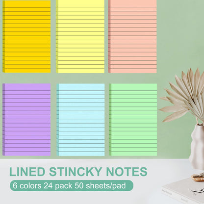 24 Pack Lined Sticky Notes 4X6 in Self Sticky Note Pads Colorful Post Stickies for Office, Home, School, Meeting, 50 Sheets/pad, (Light Color)