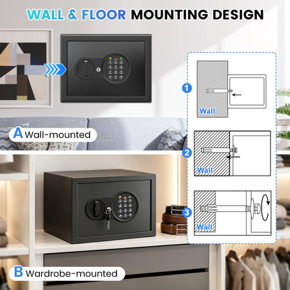 Mitlvge 0.9 Cuft Small Safe Box, Money Safe with Removable Shelf, Fireproof Waterproof Bag and Programmable Keypad, Home Safe with Smart Alert and Wall Mount Kits for Money, Jewelry and Documents