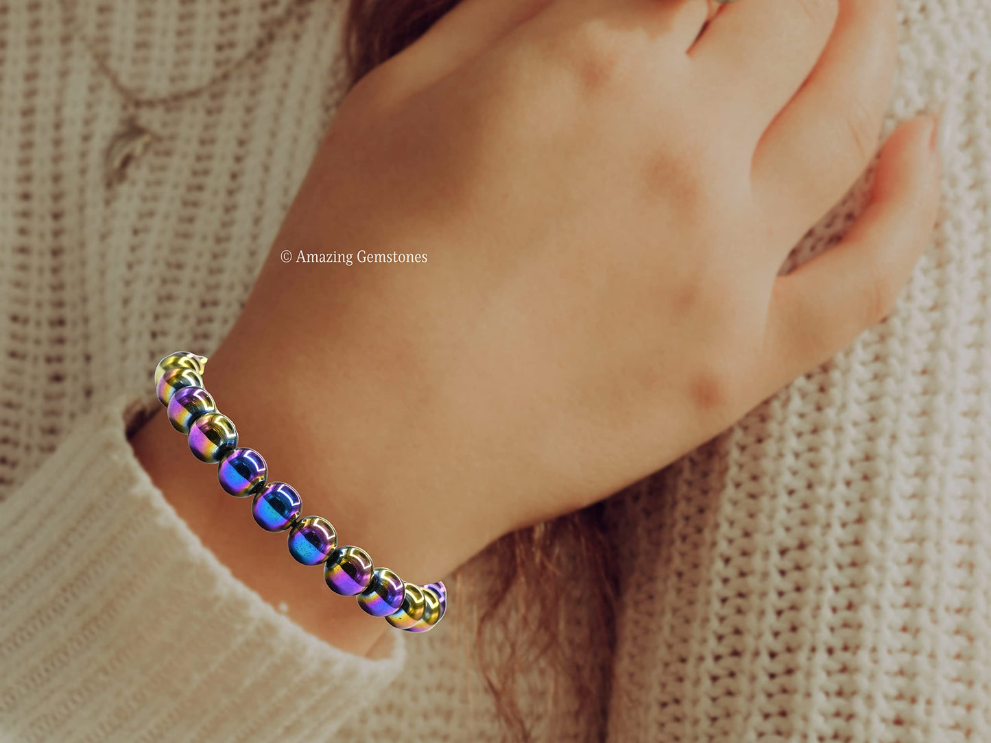 Amazing Gemstone Rainbow Hematite Bracelet, Gifts For Men & Women - Protection Healing Crystal Bracelet - 8mm Gemstone Beaded Adjustable Bracelet, Pulseras Para Hombres Mujer Stocking Stuffers