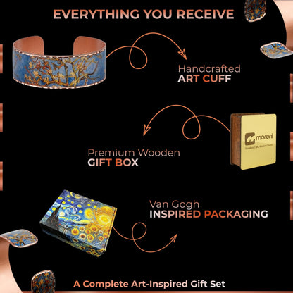Moreni Copper Bracelet for Women – Handmade Engraved Cuff Inspired by “Almond Blossom” – Artistic Pure Copper Jewelry with Gift Wooden Box