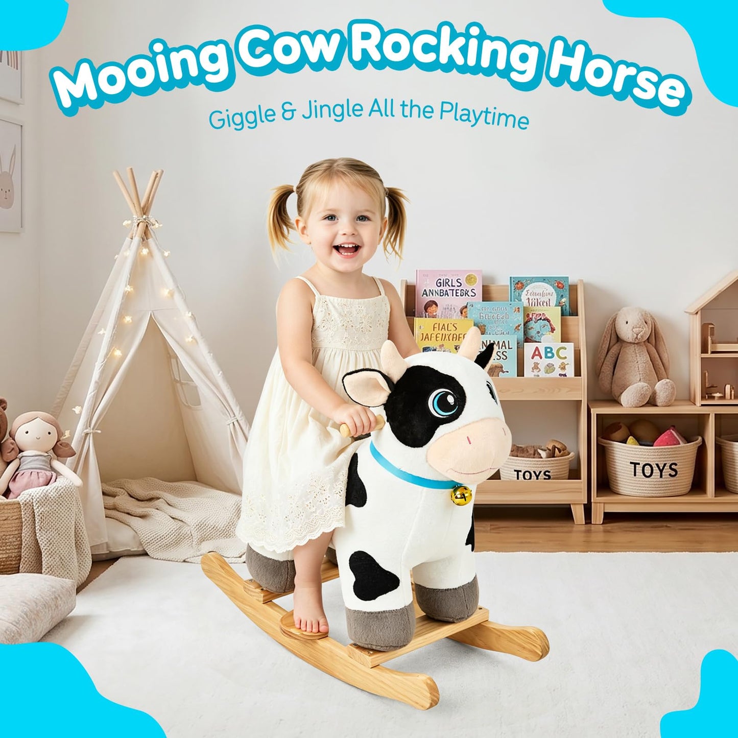 FUNLIO Cow Rocking Horse Ages 1-3, Adorable Baby Rocking Horse with Cuddly Head, Bright Sparkling Eyes & Jingling Bell, Stuffed Plush Ride-on Baby Rocker, Easy to Assemble, CPC & CE Certified