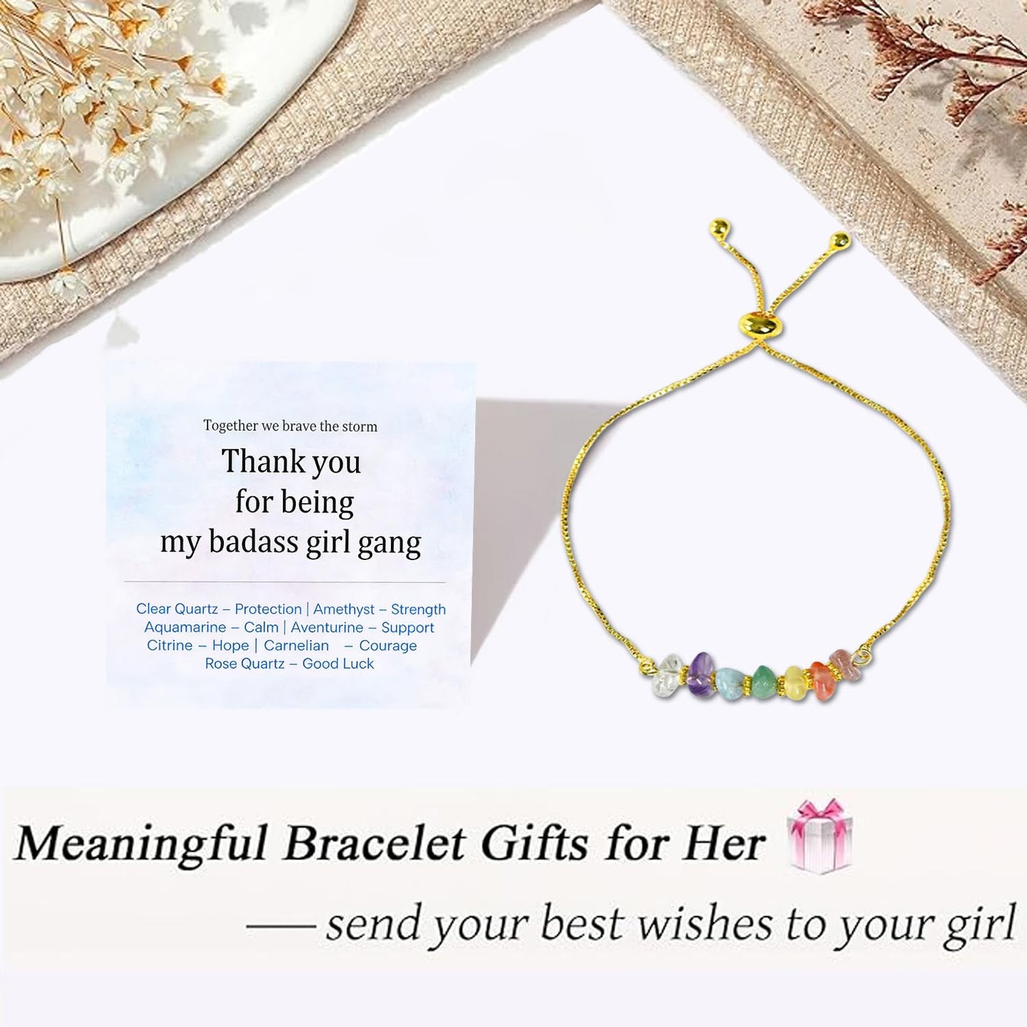 Women Gang Spell Raw Crystal Bracelet,Natural Gemstone 7 Chakra Healing Crystal Bracelets Adjustable 14K Gold Plated Spiritual Beaded Bracelet for Birthday,Christmas, Friends Coworkers Daughter (Silver)