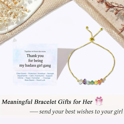Women Gang Spell Raw Crystal Bracelet,Natural Gemstone 7 Chakra Healing Crystal Bracelets Adjustable 14K Gold Plated Spiritual Beaded Bracelet for Birthday,Christmas, Friends Coworkers Daughter (Gold)