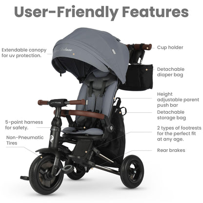 QPlay Baby Bike Stroller for Age 10 Months to 6 Years Old,8 in 1 Folding Toddler Bike Stroller with Removable Canopy & Guardrail Rotatable Seat -Tricycle for Toddlers Age 3-5 Boys & Girls Gift Trike