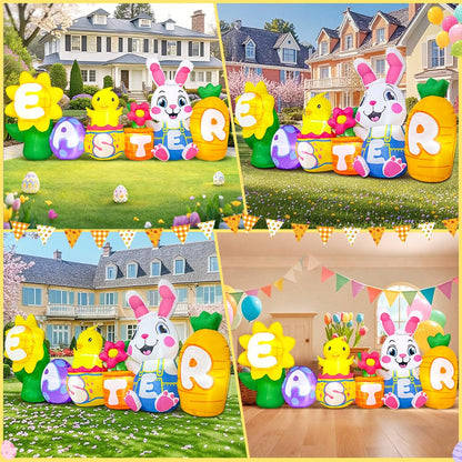 KOOY 8FT Long Easter Inflatables Bunny Outdoor Decorations with Egg Chick Carrot and Sunflower, Built-in LED Lights Easter Blow Up Yard Decorations for Lawn Garden Holiday Party