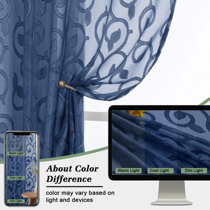 WelvetBLK Sheer Dusty Blue Curtains for Bedroom Living Room 63 Inch Length 2 Panels Set, Soft Airy Light Filtering Geometric Jacquard Clip Curtains Drapes, Modern Rod Pocket, 2Pcs 42" Wx63 L Inch