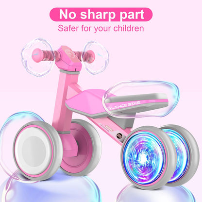 ESPRAY Colorful Lighting Baby Balance Bike Toys for 1 Year Old Girls Gifts, Toddler First Bike 12-24 Months with Adjustable Soft Seat, 4 Silent Wheels Ride on Toy, Perfect First Birthday Gift