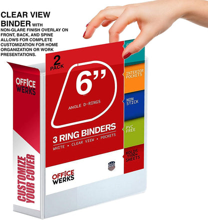 4 Pack of 6 Inch 3 Ring Binder with Locking Angle D Rings, Professional Heavy Duty Large Storage Binder with Pockets, Fits 8.5 x 11 Inch Sheets, Non-Stick Clear View Cover, Customizable, White