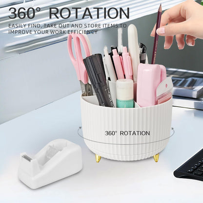 Ovatt White Desk Organizer Set - 15-Piece Office Supplies with 360° Rotating Pen Holder, Stapler, Tape Dispenser & Clips for Home Office
