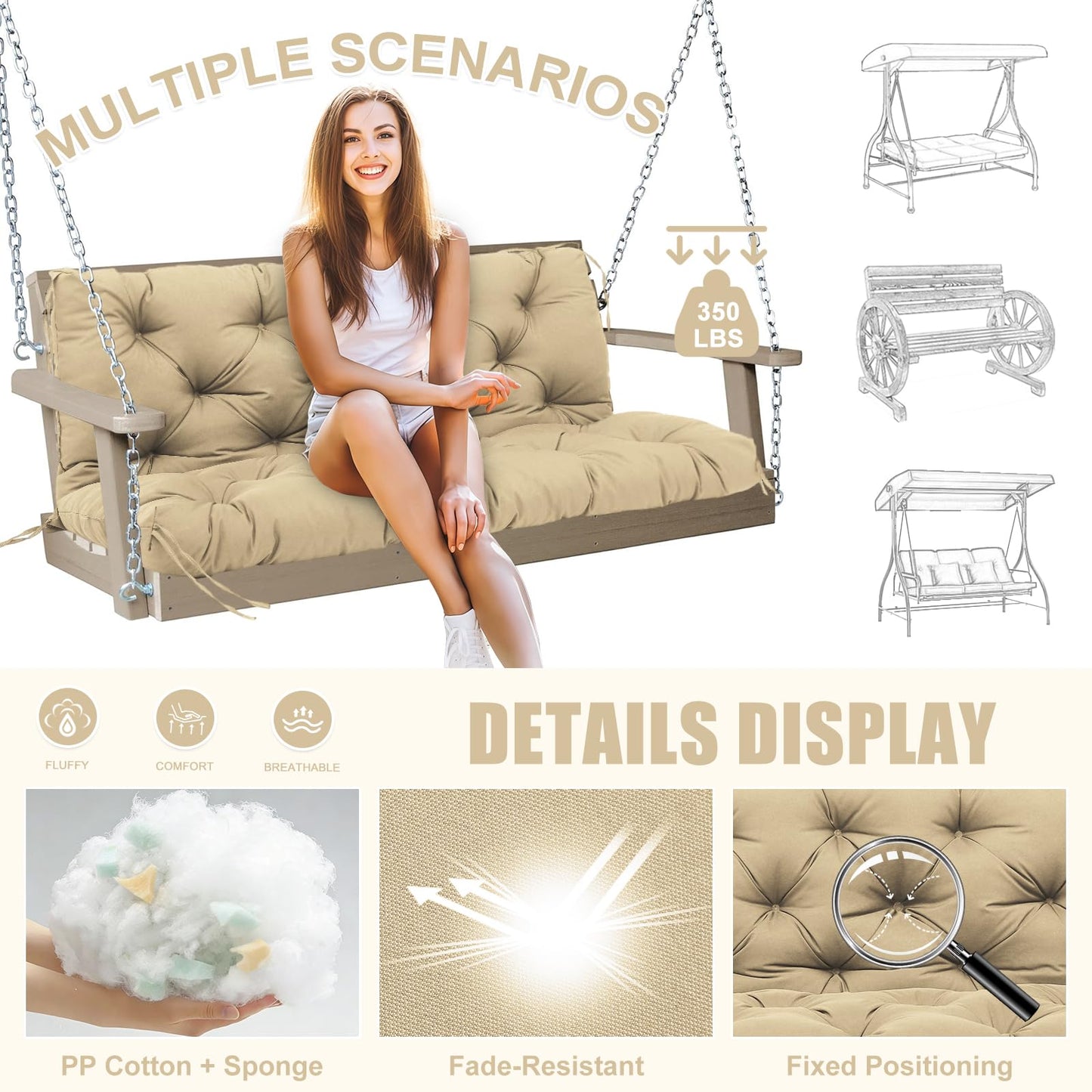 Porch Swing Cushions Outdoor 60 inch x 40 Waterproof Swing Cushions 3 Seater Replacement with Backrest & 8 Ties 5" Thick Bench Swing Cushions for Outdoor Furniture Patio(Khaki)