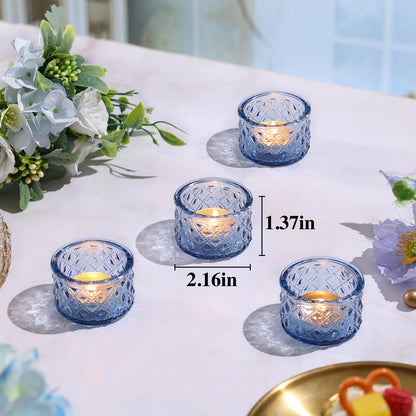 MATAHUM 24 Pack Blue Tealight Candle Holders, Diamond Glass Votive Candle Holders Bulk for Wedding Centerpieces, Beach Theme Bridal Shower, Baby Boy Shower, Birthday Party Decor