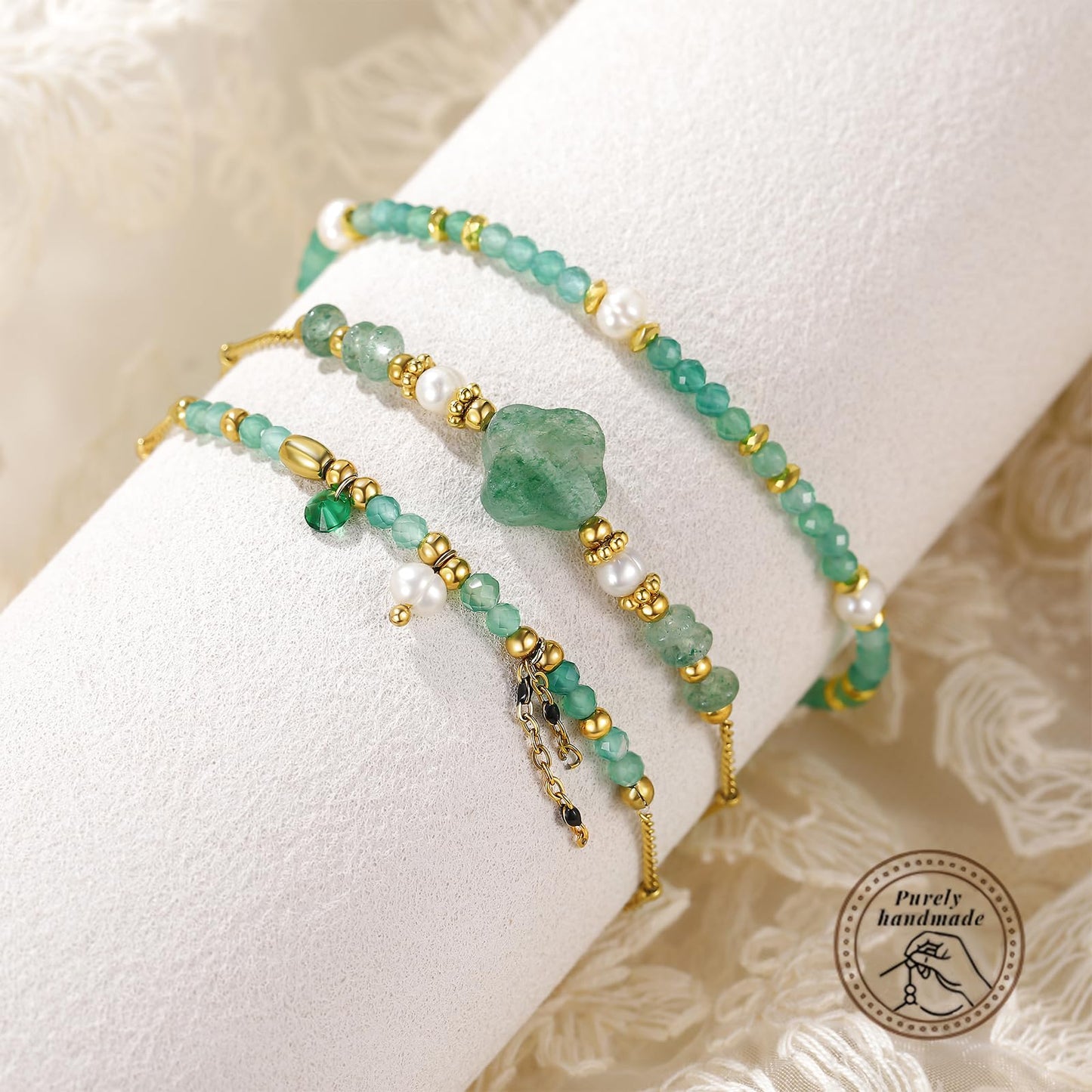 POMODA Beaded Bracelets Set for Women Stackable Healing Layered Bracelets Stack 3PCS Aquamarine Gemstone Crystal Dainty Boho Summer Jewelry for Women Natural Stone 14k Gold Plated