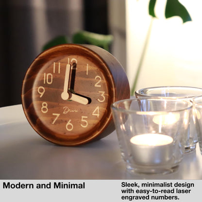 Driini Wooden Analog Desktop Clock – 4.3 in. Decorative Pinewood, No-Tick Design – Easy to Read Silent Sweep Mantle Clock – Quiet Tabletop Clocks with Wood Body, Hands, & Battery Cover; Dark