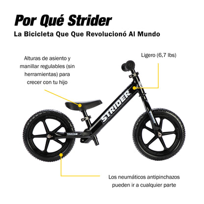 Strider 12” Sport Bike, Black - No Pedal Balance Bicycle for Kids 1 to 4 Years - Includes Safety Pad, Padded Seat, Mini Grips & Flat-Free Tires - Tool-Free Assembly & Adjustments