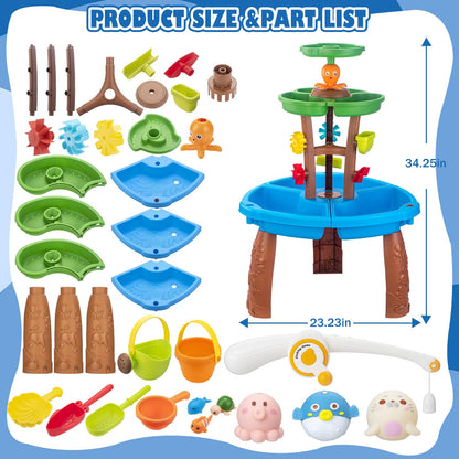 VROGTIK Water Table for Toddlers with Fishing Game Set 3-Tier Kids Sand Water Table Sensory Outdoor Toys for Kids Ages 4-8 Summer Beach Outside Toys Backyard for Kids Toddlers Age 3 4 5 6 7 8 9 10