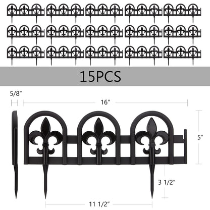 Evelyne Black Garden Border Plastic Edging – PP Plastic, Metal-Free Wrought Iron Look Design, 15pcs Black Yard Landscaping Fence Liner Lawn Edge Barrier, 20ft Kit of Decorative Lawn Landscape Panels