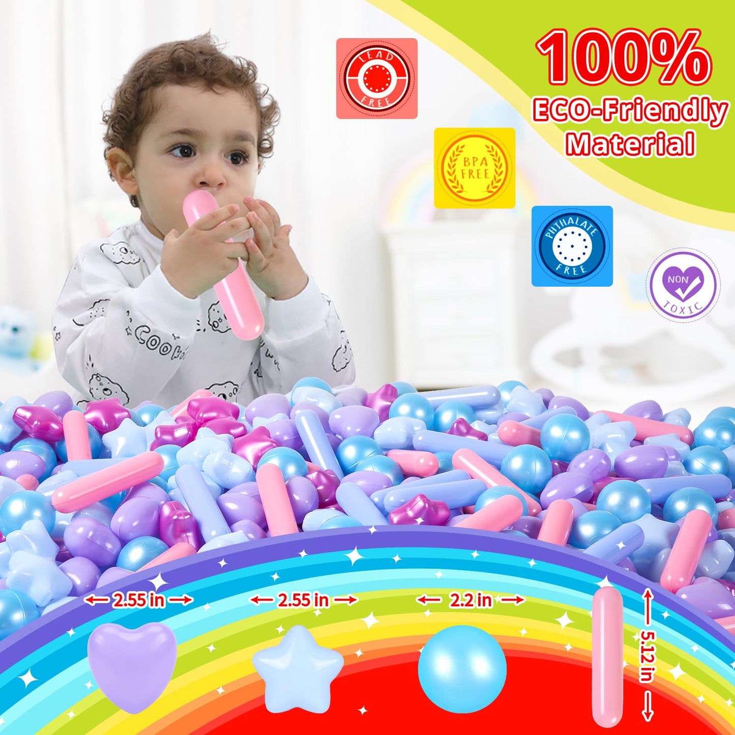 STARBOLO Ball Pit Balls - Pack of 500pcs Crush Proof Plastic Children's Toy Balls Mermaid Ocean Balls for Birthday Party Christmas Water Toy Indoor Outdoor,4 Shapes.