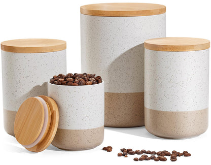 Yangbaga Canisters Sets for Kitchen Countertop-Set of 4 Ceramic Kitchen Canisters Food Storage Jar with Airtight Wood Lids & Spoons & Label,Large Flour and Sugar Containers for Serving Ground Coffee
