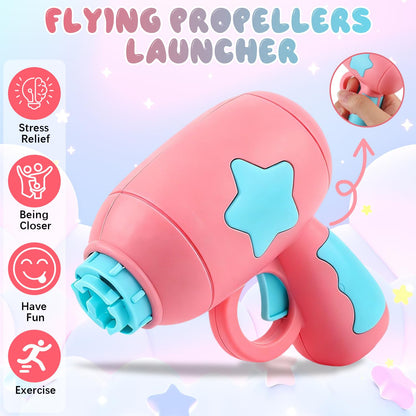 2PCS Bamboo Dragonfly Catapult Launcher, Interactive Cat Fetch Toy Launcher with LED Flying Disc Propeller, Outdoor Flying Saucer Blaster for Pet Exercise & Night Play(Pink+Blue)