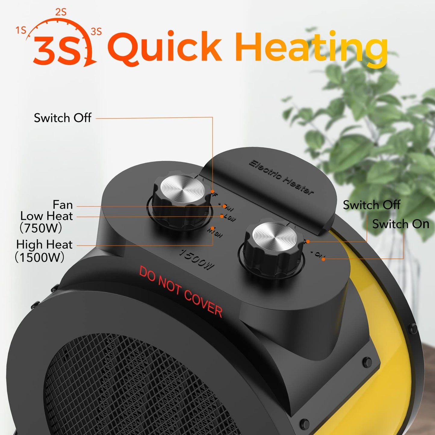 1500W Electric Space Heater with 90 Adjustable Angle, Overheat Protection, Heater for Garage, Office, Indoor Use (Yellow)