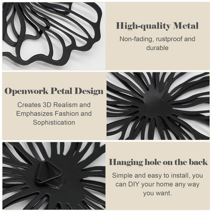 7 Piece Metal Wall Decor for Living Room, Boho Double Layered Iron Flower Wall Hanging Art, Aesthetic Indoor Metal Wall Sculpture Decor for Bedroom Kitchen Bathroom Farmhouse Home Office, Black-White