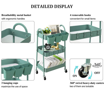 danpinera 3-Tier Rolling Cart, Utility Cart Mobile Metal Rolling Storage Cart with Lockable Wheels & Hanging Cups & Hooks for Kitchen, Bathroom, Office, Workshop, Green