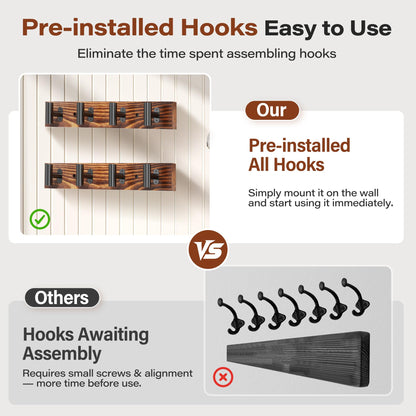 Orapoke Coat Rack Wall Mount 2 Pack with 8 Pre-Installed Metal Hooks, Rustic Pine Solid Wood Coat Hanger Wall Mount for Entryway & Living Room, Coat Hooks for Hanging Jacket, Hat, Backpack (32.3")